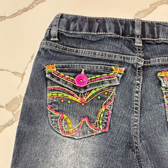 SO | Girls Dark Wash Denim Jean Shorts Neon Pink Green Accents Stitching - Picture 10 of 14